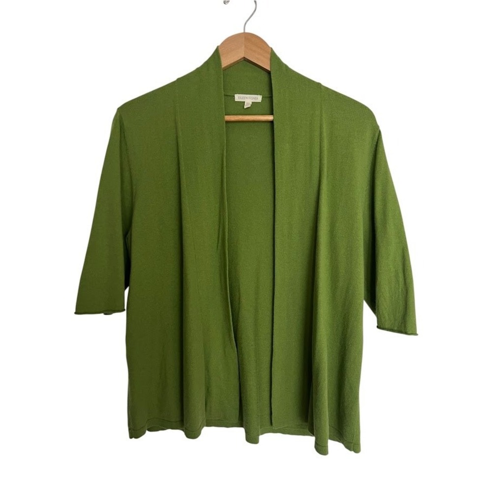 Eileen Fisher Womens L Olive Green Cotton Cashmere Open Front Cardigan Sweater
